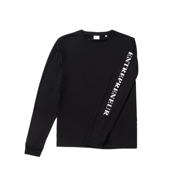 A black Shopify Supply Entrepreneur Long Sleeve shirt with the word Entrepreneur in white on the sleeve.