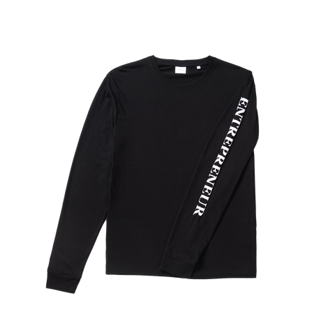 A black Shopify Supply Entrepreneur Long Sleeve shirt with the word Entrepreneur in white on the sleeve.
