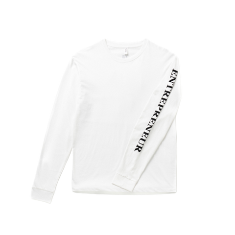 A white Shopify Supply Entrepreneur Long Sleeve shirt with the word Entrepreneur in black on the sleeve.