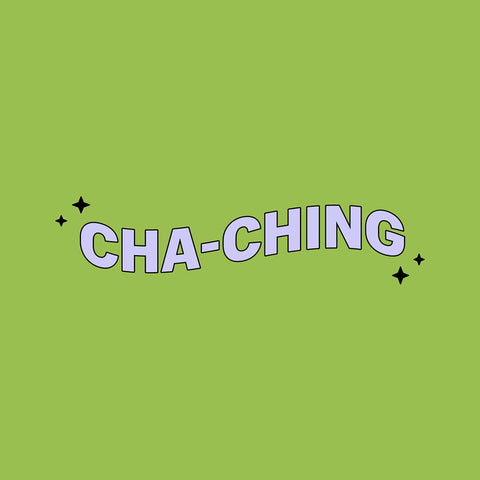 A green Shopify Supply digital wallpaper with “cha-ching” in purple and black sparkles around it.